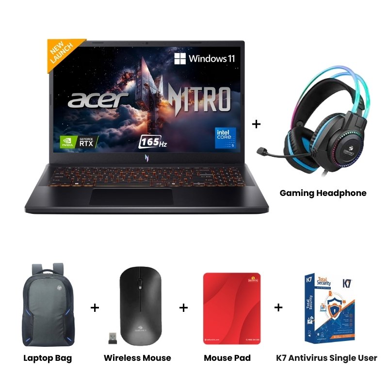 Acer Nitro V 15 - 13th Gen Intel core i7-13620H 15.6" (39.62 cm) ANV15-52 Gaming Laptop (16GB/ 512GB SSD/ Full HD IPS Display/ NVIDIA GeForce RTX -5050 8GB/ Windows 11 Home/ 1Year Warranty/ Obsidian Black/ 2.1kg)  Zebronics Zeb-Jet Premium Gaming Headphone + Laptop Bag + Wireless Mouse + Mouse Pad + K7 Antivirus Single User