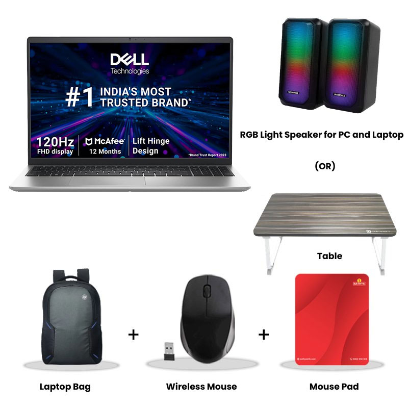 Dell DC15250  - 13th Gen Intel Core i7 15.6" (39.62cm) Thin & Light Laptop (16GB/ 512GB SSD/ Full HD Display/ Windows 11 Home/ MS Office 2024/ Intel UHD Graphics/ Backlit Keyboard / 1 Year Warranty/ Platinum Silver/ 1.65kg)   RGB Light Speaker for PC and Laptop (or) Laptop Table + Laptop Bag + Wireless Mouse + Mouse Pad