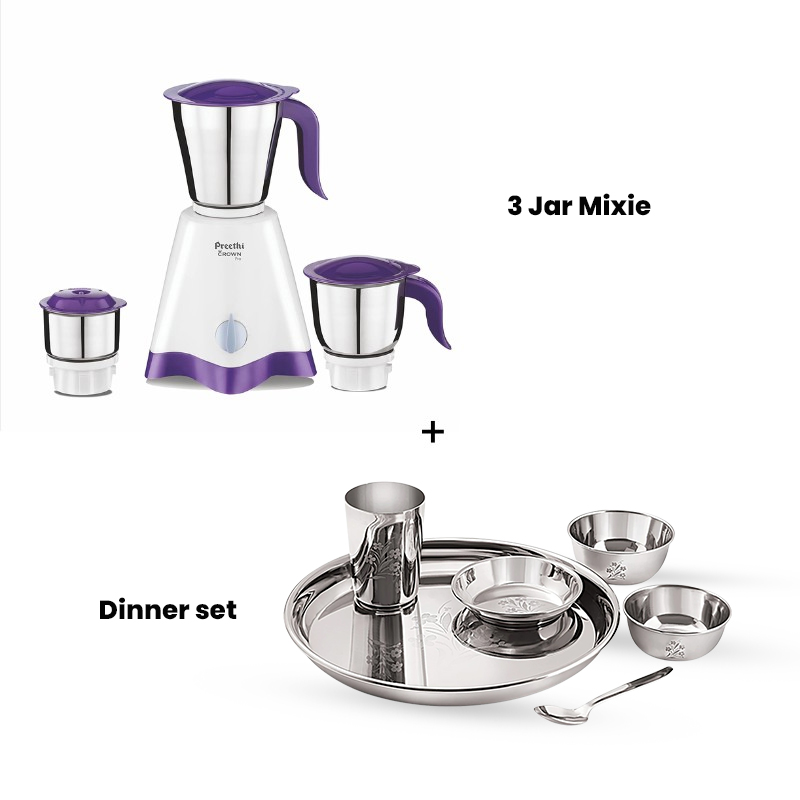 Preethi Crown Pro MG-205 500 Watts Mixer Grinder (3 Jars, White/Purple) + Dinner Set 