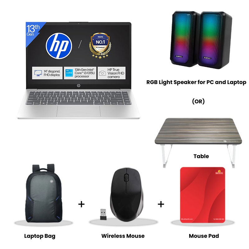HP 14 - 13th Gen Intel Core i3-1315U 14" (35.6cm) 14-ep0341TU Thin & Light Laptop (8GB/ 512GB SSD/ Full HD Display/ Intel UHD Graphics/ Windows 11 Home/ Camera Privacy Shutter/ MS Office 2024/ 1Year Warranty/ Natural silver/ 1.4 kg) RGB Light Speaker for PC and Laptop (or) Laptop Table + Laptop Bag + Wireless Mouse + Mouse Pad 