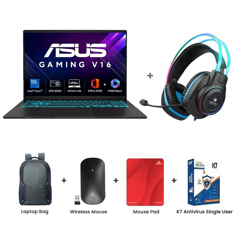 Asus Gaming V16 - Intel Core 7 240H 16" (40.64 cm) V3607VU-RP275WS Gaming Laptop (16GB/ 512GB SSD/ 6GB GDDR6 NVIDIA GeForce RTX 4050/ Windows 11 Home/ MS Office 2024/ 1Year Warranty/ Black/ 1.95 Kg) Zebronics Zeb-Jet Premium Gaming Headphone + Laptop Bag + Wireless Mouse + Mouse Pad + K7 Antivirus Single User