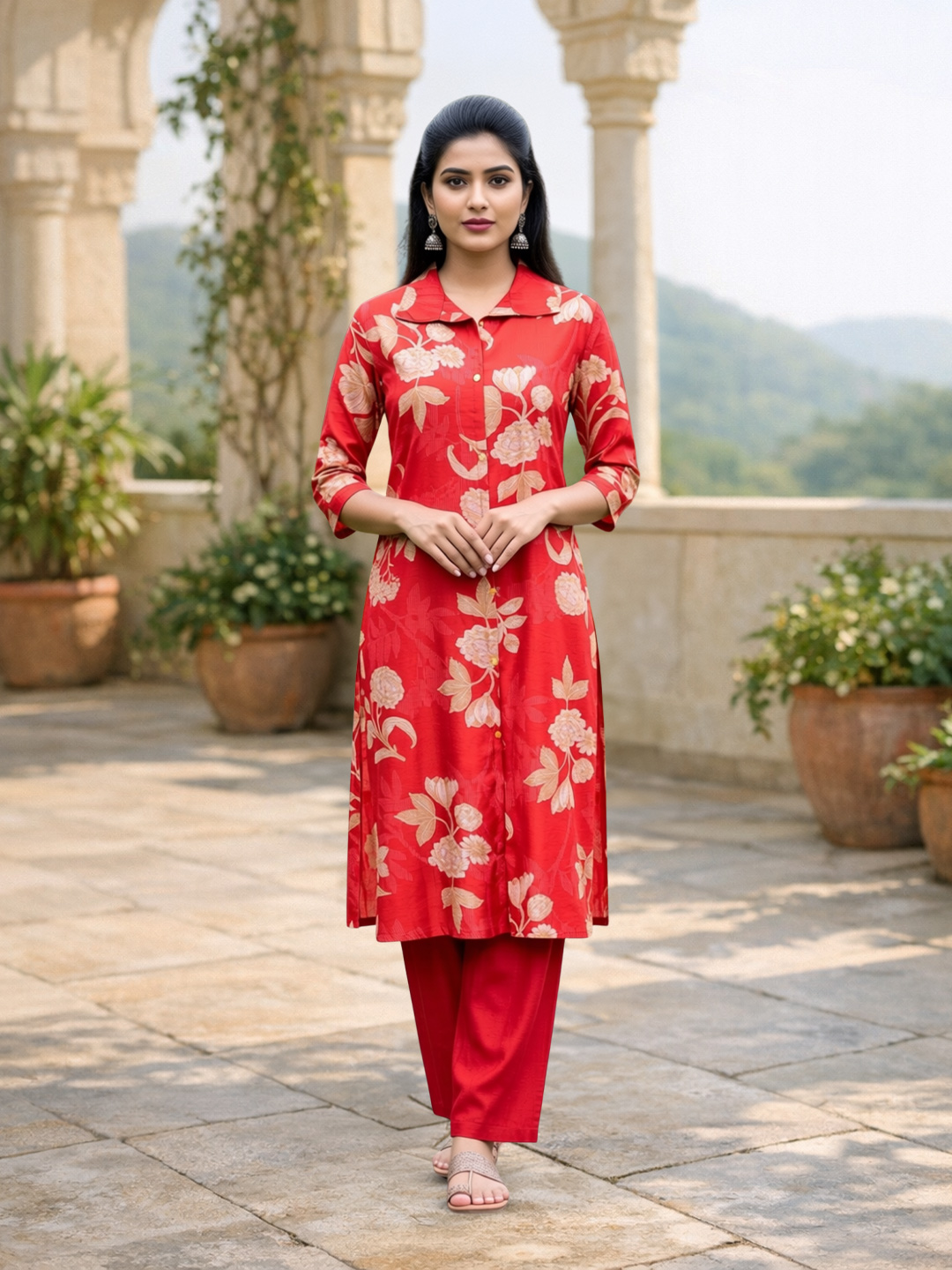 Floral Printed  Collar Neck Kurta with Palazzo Set