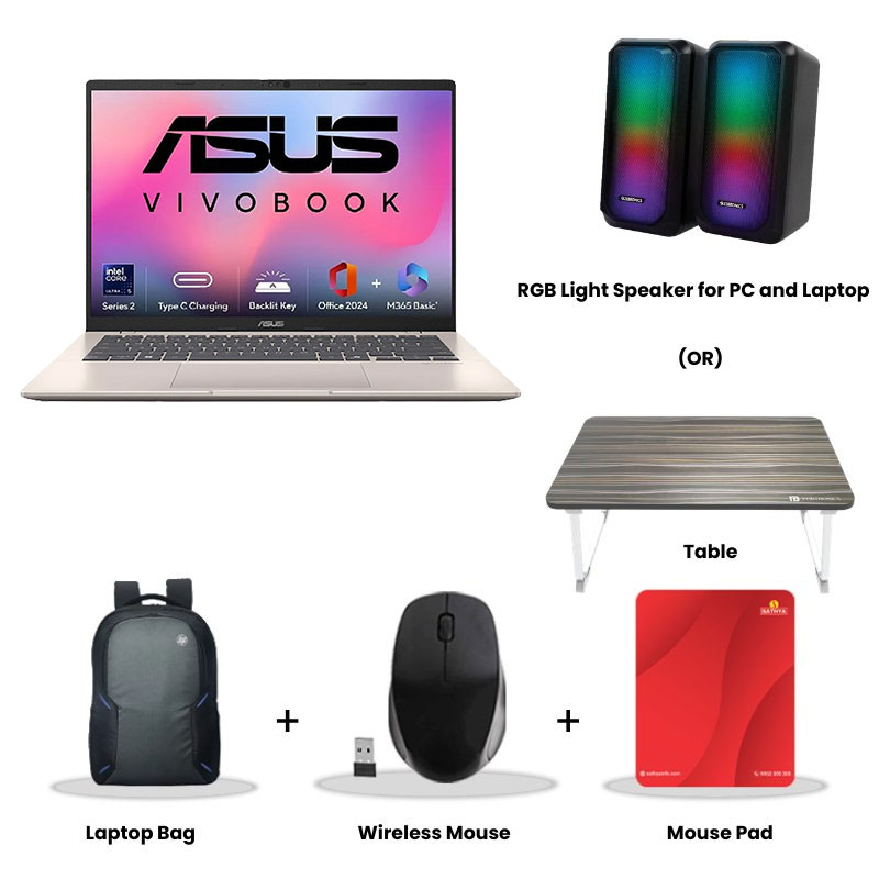 Asus Vivobook 14 - Intel Core Ultra 5 225H 14" (35.56 cms) AI Powered Laptop (16GB DDR5/ 1TB SSD/ WUXGA Display/ Intel Graphics/ Windows 11 Home/ Office Home 2024 + M365 Basic (1 Year Validity)/ 1Year Warranty/ Platinum Gold/ 1.46 kg) RGB Light Speaker for PC and Laptop (or) Laptop Table + Laptop Bag + Wireless Mouse + Mouse Pad