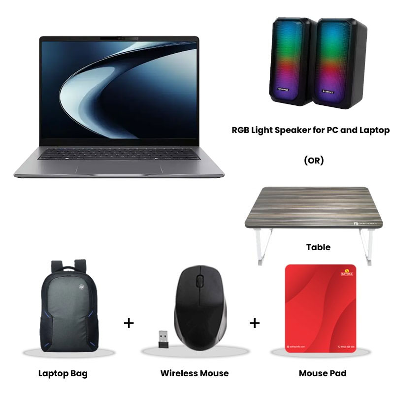 Asus  Vivobook 15 - AMD Ryzen 3 30 14" (35.56 cms) E1404FA-EB1224WS Thin & Light Laptop (8GB DDR5/ 512GB SSD/ Full HD Display/ Windows 11 Home/Office Home 2024 + M365 Basic (1 Year Validity)/ 1Year Warranty/ Cool Silver/ 1.70 kg)  RGB Light Speaker for PC and Laptop (or) Laptop Table + Laptop Bag + Wireless Mouse + Mouse Pad