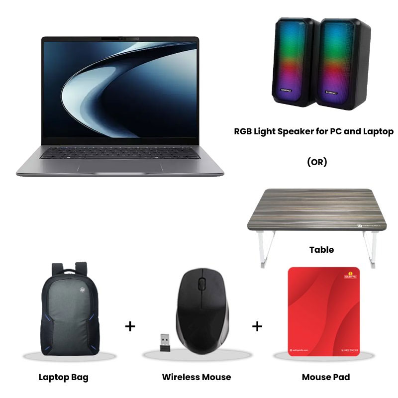 Asus Vivobook 15 -  AMD Ryzen 3 30 14" (35.56 cms) E1404FA-EB1236WS Thin & Light Laptop (8GB DDR5/ 512GB SSD/ Full HD Display/ Windows 11 Home/Office Home 2024 + M365 Basic (1 Year Validity)/ 1Year Warranty/ Grey Green/  1.70 kg) RGB Light Speaker for PC and Laptop (or) Laptop Table + Laptop Bag + Wireless Mouse + Mouse Pad