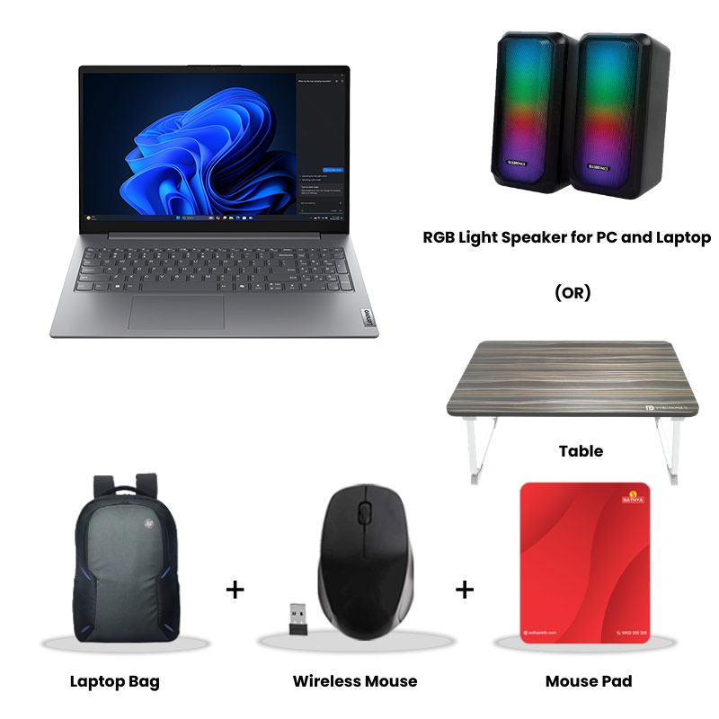 Lenovo V15 G5 IRL - Intel Core i3-1315U 15.6" (39.62 cm) 83HF00EWIG Thin & Light Laptop (16GB/ 512GB SSD/ Full HD Display/ Integrated Intel UHD Graphics/ 1Year Warranty/ Luna Grey/ 1.61 kg) RGB Light Speaker for PC and Laptop (or) Laptop Table + Laptop Bag + Wireless Mouse + Mouse Pad
