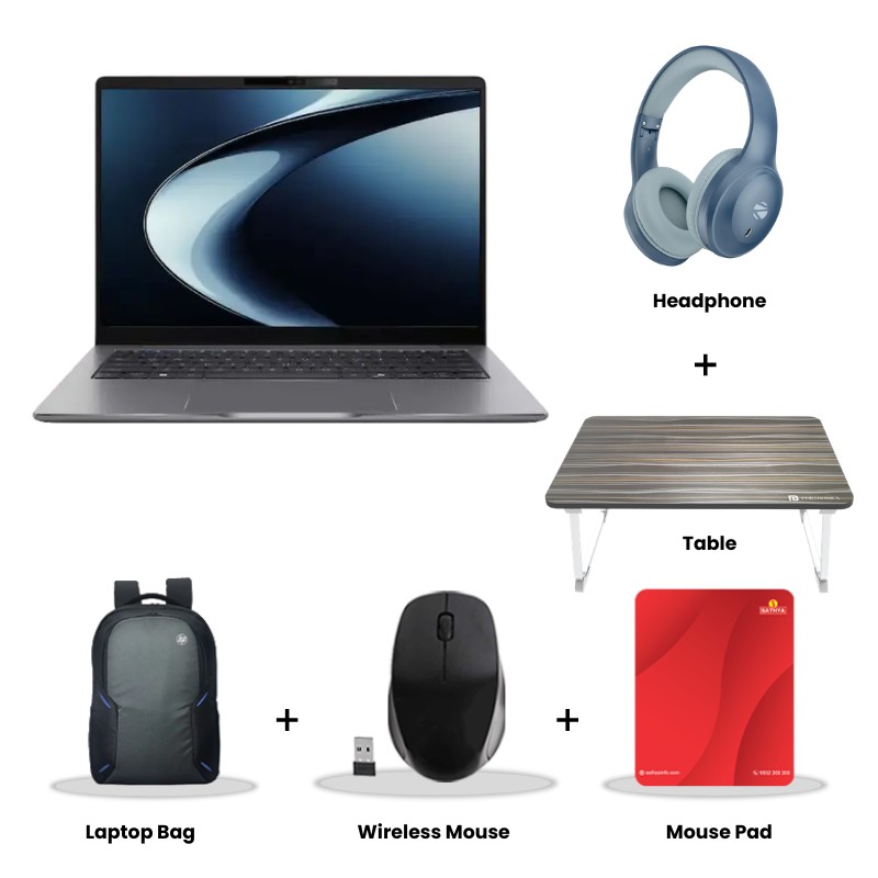 Asus Vivobook 15 -  AMD Ryzen 3 30 14" (35.56 cms) E1404FA-EB1236WS Thin & Light Laptop (8GB DDR5/ 512GB SSD/ Full HD Display/ Windows 11 Home/Office Home 2024 + M365 Basic (1 Year Validity)/ 1Year Warranty/ Grey Green/  1.70 kg)  Zebronics  Paradise Neo R Headset +  Wireless Mouse + Mouse Pad + Laptop Table