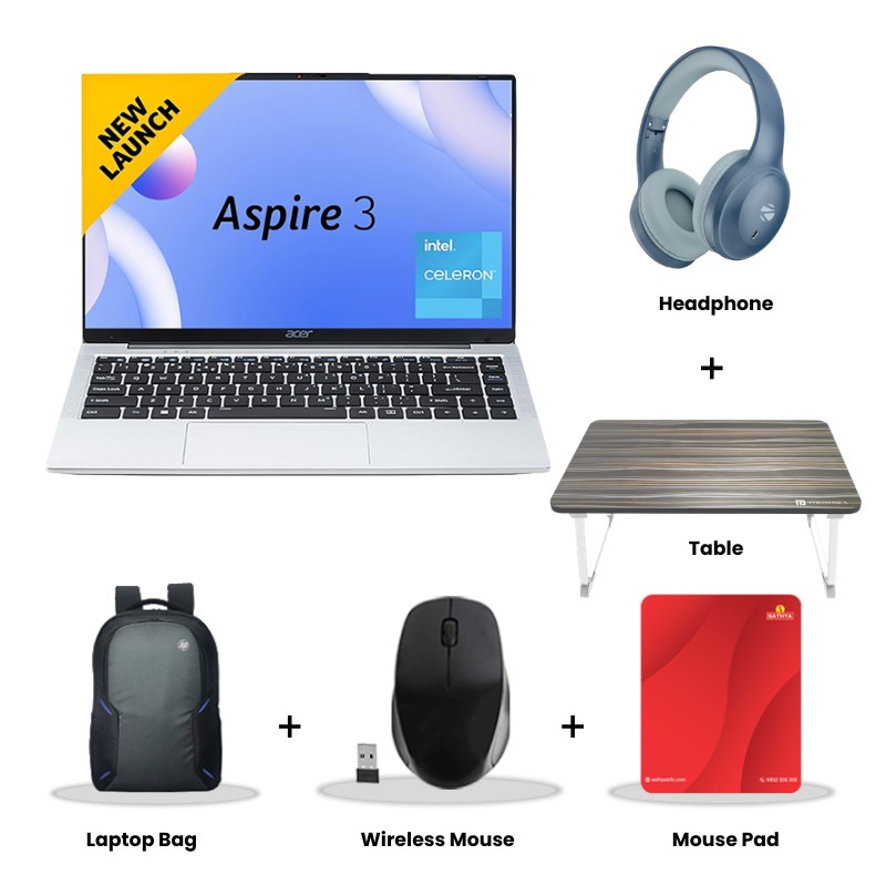 Acer Aspire 3 - Intel Core Celeron N6000 15.6" (39.62 cm)  A325-45 Thin and Light Laptop (12GB LPDDR4/ 512GB SSD/ HD Display/ Intel UHD Graphics/ Windows 11 Home/ 1Year Warranty/ Pure Silver/ 1.3 kg) Zebronics  Paradise Neo R Headset +  Wireless Mouse + Mouse Pad + Laptop Table