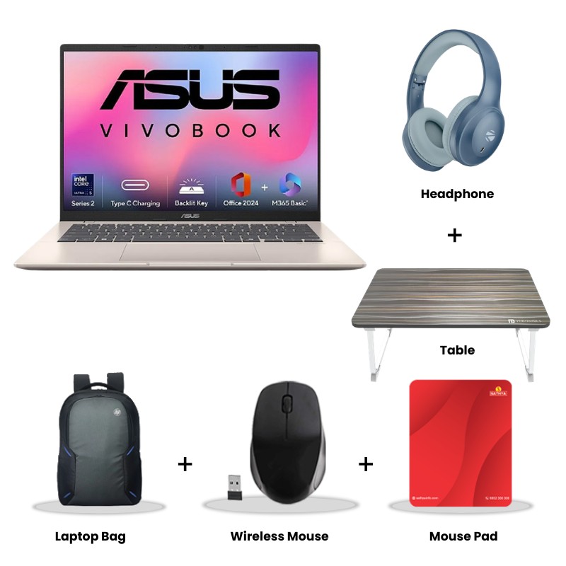  Asus Vivobook 14 - Intel Core Ultra 5 225H 14" (35.56 cms) AI Powered Laptop (16GB DDR5/ 1TB SSD/ WUXGA Display/ Intel Graphics/ Windows 11 Home/ Office Home 2024 + M365 Basic (1 Year Validity)/ 1Year Warranty/ Platinum Gold/ 1.46 kg) Zebronics  Paradise Neo R Headset +  Wireless Mouse + Mouse Pad + Laptop Table