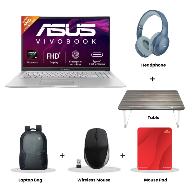 Asus Vivobook 15 - AMD Ryzen 5 150 15.6" (39.62 cms) M1502NAQ-BQ119WS Thin and Light Laptop (16GB DDR5/ 512GB SSD/ Full HD Display/ AMD Radeon Graphics/ Windows 11 Home/ Office Home 2024 + M365 Basic (1 Year Validity)/ 1 Year Warranty/  Cool Silver/ 1.70 kg) Zebronics  Paradise Neo R Headset +  Wireless Mouse + Mouse Pad + Laptop Table