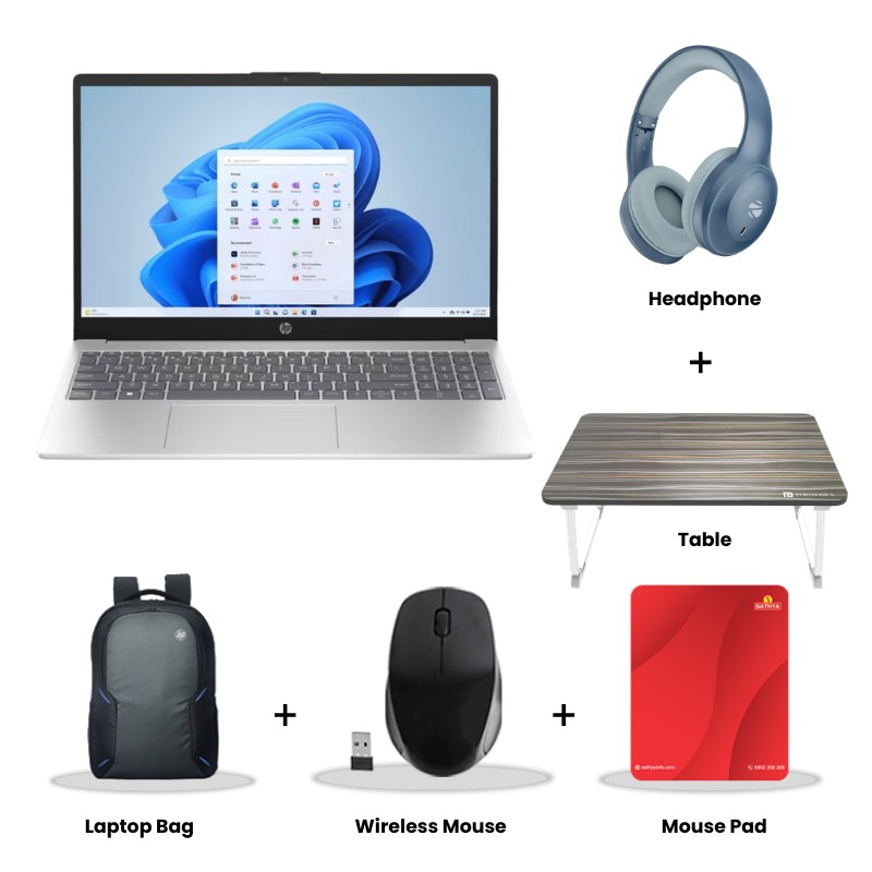 HP - Intel Core 3 100U 15.6" (39.6 cm) 15-fd0883TU Thin & Light Laptop (8GB DDR5/ 512GB SSD/ Full HD Display/ Intel Graphics/ Anti-Glare/ Camera Privacy Shutter/ Mic mute key/ Windows 11 Home/  MS Office/ 1Year Warranty/ Natural silver/ 1.59kg)  Zebronics  Paradise Neo R Headset +  Wireless Mouse + Mouse Pad + Laptop Table