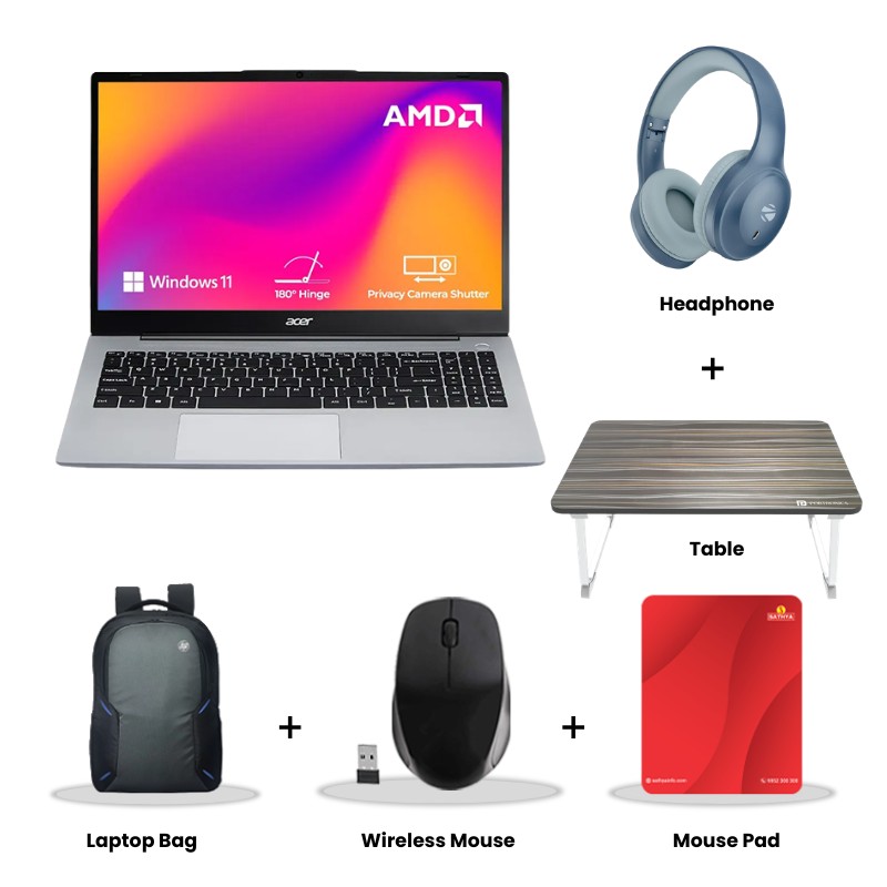  Acer Aspire 15 - AMD Ryzen R3 7330U 15.6" (39.62 cm) AS15-42 Thin and Light Laptop (16GB/ 512GB SSD/ Full HD IPS Display/ Backlit keyboard/ AMD Radeon Graphics/ Windows 11 Home/ 1Year Warranty/ Pure Silver/ 1.79 kg) Zebronics Paradise Neo R Headset + Wireless Mouse + Mouse Pad + Laptop Table