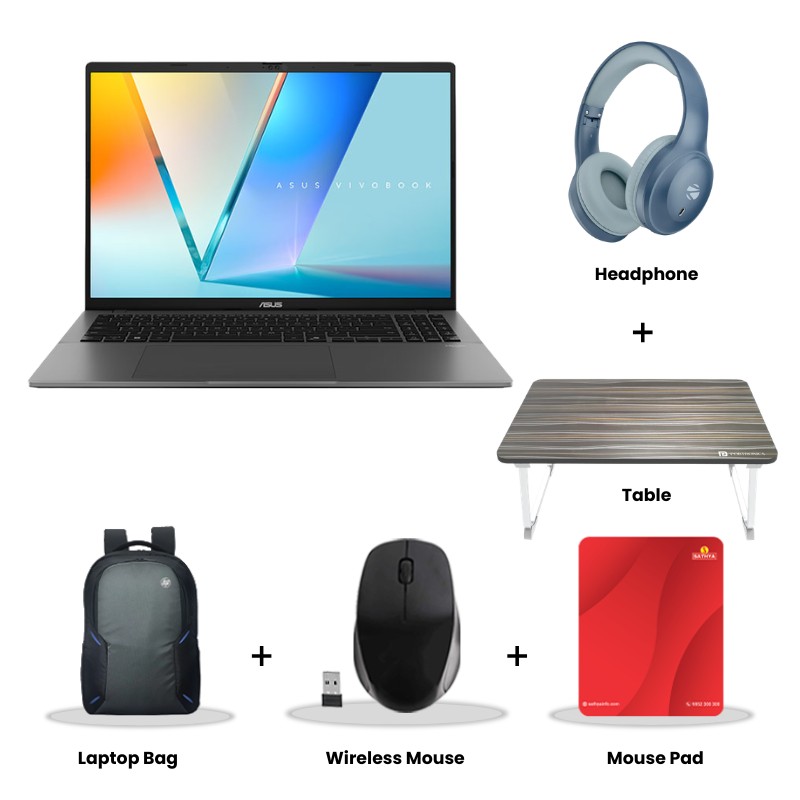  Asus Vivobook S16 - AMD Ryzen AI 5 330 16" (40.64 cms) M3607KA-SH100WS Thin and Light Laptop (16GB/ 512GB SSD/ Full HD OLED Display/ AMD Radeon Graphics/ Windows 11 Home/ Office Home 2024 + M365 Basic (1 Year Validity)/ 1Year Warranty/ Matte Gray/  1.70 kg)  Zebronics Paradise Neo R Headset + Wireless Mouse + Mouse Pad + Laptop Table