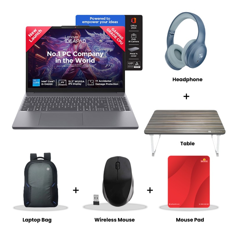 Lenovo IdeaPad Slim 3 - Intel Core i5-13420H 15.3" (38.86 cm) 83K100HSIN Thin & Light Laptop (16GB/ 1TB SSD/ WUXGA PS 300nits Anti-glare/ Integrated Intel UHD Graphics/ Backlit keyboard/ Camera Privacy Shutter/ Windows 11 Home/ Office Home 2024/ 1Year Warranty/ Luna Grey/ 1.59kg)  Zebronics Paradise Neo R Headset + Wireless Mouse + Mouse Pad + Laptop Table