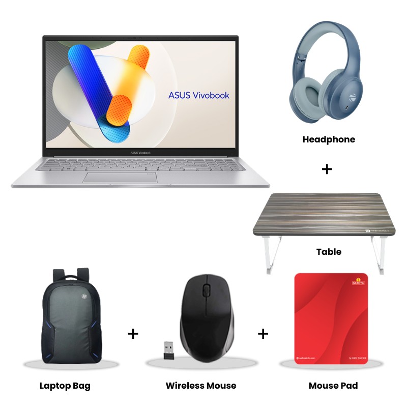 Asus  Vivobook 14 - Intel Core 5 120U 14" (35.56 cms) X1404VAP-EB1521WS Thin & Light Laptop (8GB/ 512GB SSD/  Full HD Display/  Intel Graphics/ Windows 11 Home/ Office Home 2024 + M365 Basic (1 Year Validity)/ 1Year Warranty/ Cool Silver/ 1.40 kg)  Zebronics Paradise Neo R Headset + Wireless Mouse + Mouse Pad + Laptop Table
