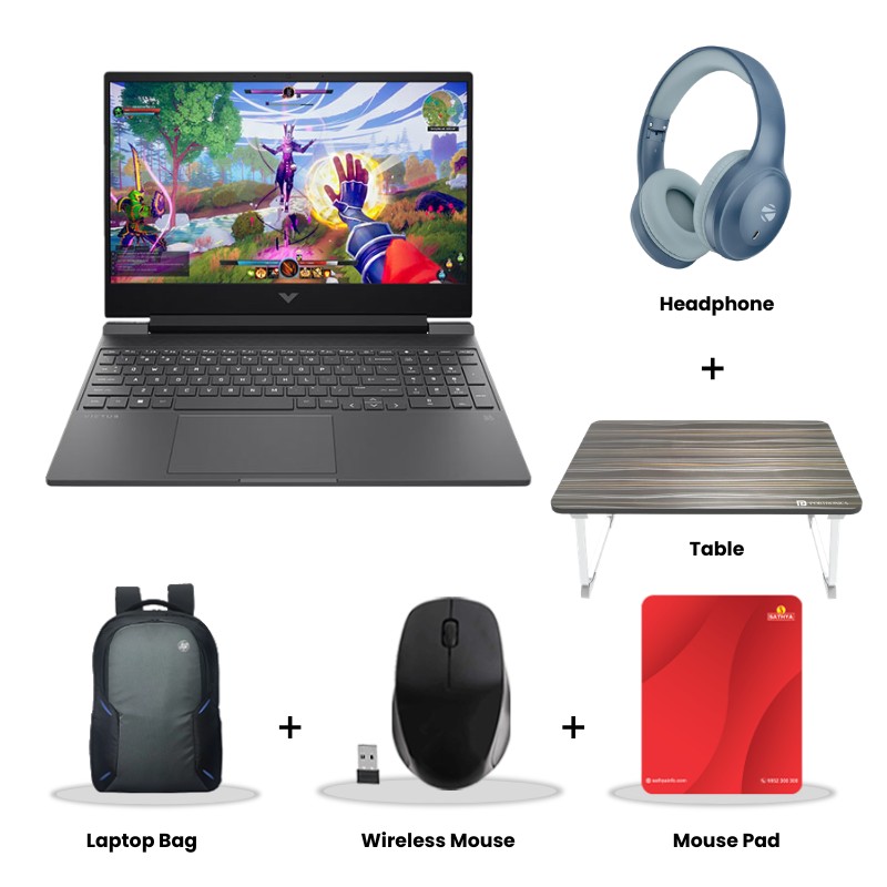HP Victus - 14th Gen Intel Core i5-14450HX  15.6" (39.6 cm) 15–FA2303TX Gaming Laptop (24GB DDR5/ 512GB SSD/ Full HD Display/ 144 Hz/ 4GB NVIDIA GeForce RTX 3050/ RGB Backlit/ Windows 11 Home/ MS Office 2024/ 1Year Warranty/ Mica Silver/ 2.3kg) Zebronics Paradise Neo R Headset + Wireless Mouse + Mouse Pad + Laptop Table
