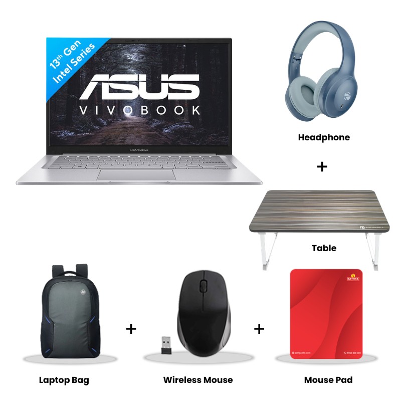 Asus Vivobook 14 - Intel Core i3-1315U 14" (35.56 cm) X1404VA-EB321WS Thin & Light Laptop (8GB/ 512GB SSD/ Full HD Display/ Intel UHD Graphics/ Windows 11 Home/ Office Home 2024 + M365 Basic (1 Year Validity)/ 1 Year Warranty/ Cool Silver/ 1.40 kg) Zebronics Paradise Neo R Headset + Wireless Mouse + Mouse Pad + Laptop Table