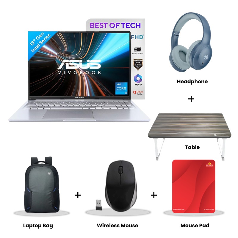 ASUS Vivobook 16 - Intel Core i5-13420H 16" (40.64cm) X1605VA-MB1627WS Thin & Light Laptop (16GB/ 512GB SSD/ Intel Iris Xᵉ Graphics/ Windows 11 Home/ Office Home 2024/ 1Year Warranty/ Cool Silver/ 1.88 Kg) Zebronics Paradise Neo R Headset + Wireless Mouse + Mouse Pad + Laptop Table