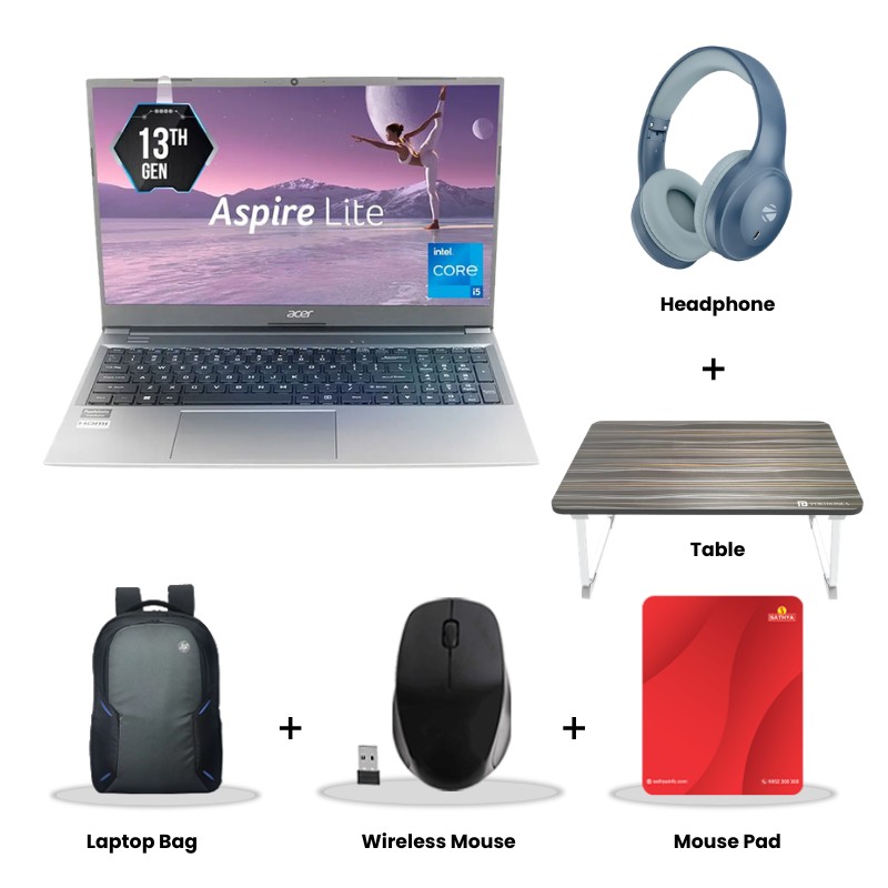 Acer Aspire Lite - 13th Gen Intel Core i3-1305U 15.6" (39.6 cm) AL15-53 Thin & Light Laptop (8GB/ 512GB SSD/ Full HD Display/ Intel Graphics/ Windows 11 Home/ MS Office/ 1Year Warranty/ Steel Gray/ 1.59 Kg) Zebronics Paradise Neo R Headset + Wireless Mouse + Mouse Pad + Laptop Table