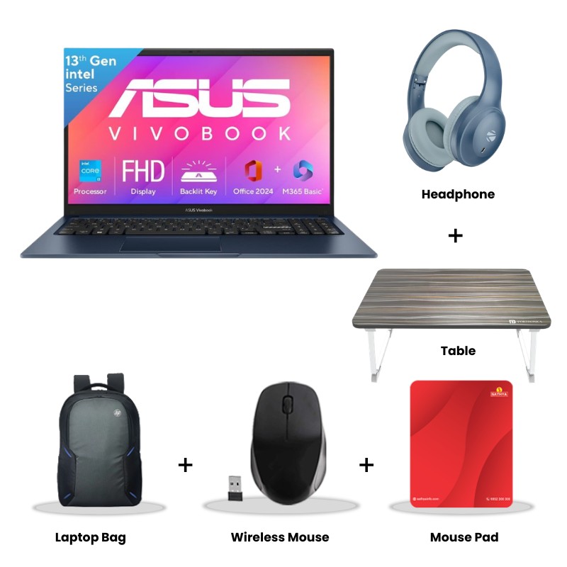 Asus Vivobook 15 - Intel Core i3-1315U 15.6" (39.62cm)  X1504VA-BQ342WS Thin & Light Laptop (16GB/ 512GB SSD/  Full HD Display/  Intel UHD Graphics/ Windows 11 Home/Office Home 2024 + M365 Basic (1 Year Validity)/  1Year Warranty/  Quiet Blue/ 1.70 Kg)  Zebronics Paradise Neo R Headset + Wireless Mouse + Mouse Pad + Laptop Table