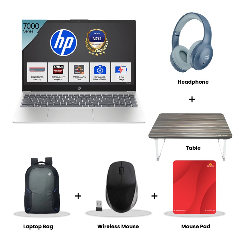 HP - AMD Ryzen 5-7520U 15.6" (39.6 cm) 15-fc0690AU Thin & Light Laptop (16GB/ 512GB SSD/ Full HD Display/ AMD Radeon Graphics/ Anti-Glare/ Camera Privacy Shutter/ Backlit Keyboard/ Windows 11 Home/ MS Office 2024/ 1Year Warranty/ Natural silver/ 1.59 kg)   Zebronics Paradise Neo R Headset + Wireless Mouse + Mouse Pad + Laptop Table