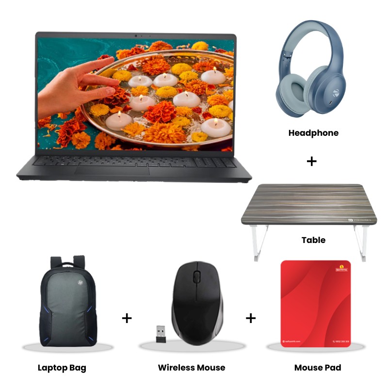 Dell New 15 - Intel Core 3 100U 15.6" (39.62cm) Thin & Light Laptop (16GB/ 512GB SSD/ Full HD Display/ Intel UHD Graphics/ Anti- Glare/ Windows 11 Home/ Office Home 2024 + M365 Basic/ 1Year Warranty/ Carbon Black/ 1.90 Kg)  Zebronics Paradise Neo R Headset + Wireless Mouse + Mouse Pad + Laptop Table