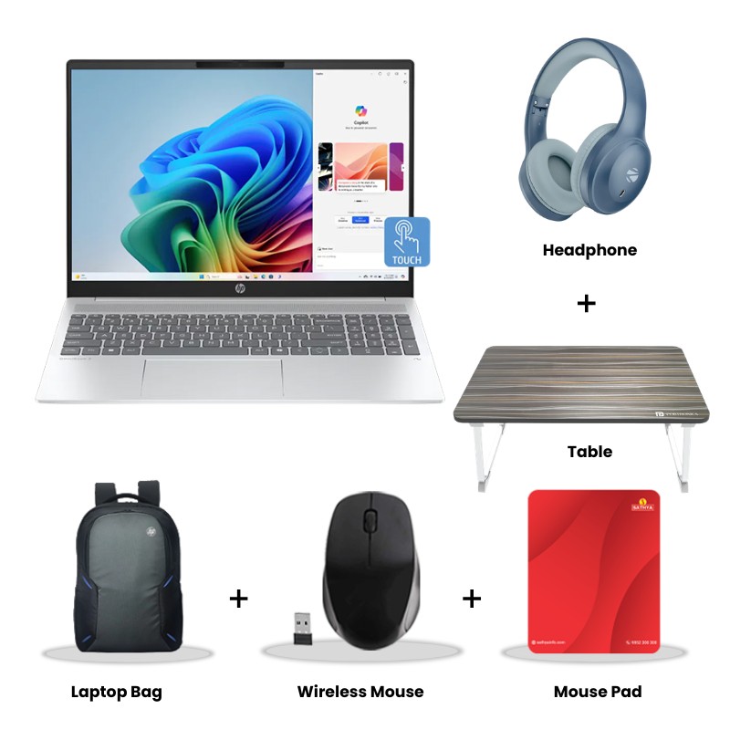  HP - Intel Core i3-1315U 15.6" (39.6 Cm) 15-fd0624TU Thin & Light Laptop (8GB DDR4/ 512GB SSD/  Intel UHD Graphics /Dual speakers /65 W AC power adapter/ Mic mute key/ Camera privacy shutter/Windows 11 Home/ MS Office/ 1Year Warranty/  Natural Silver/ 1.59 Kg)  Zebronics Paradise Neo R Headset + Wireless Mouse + Mouse Pad + Laptop Table