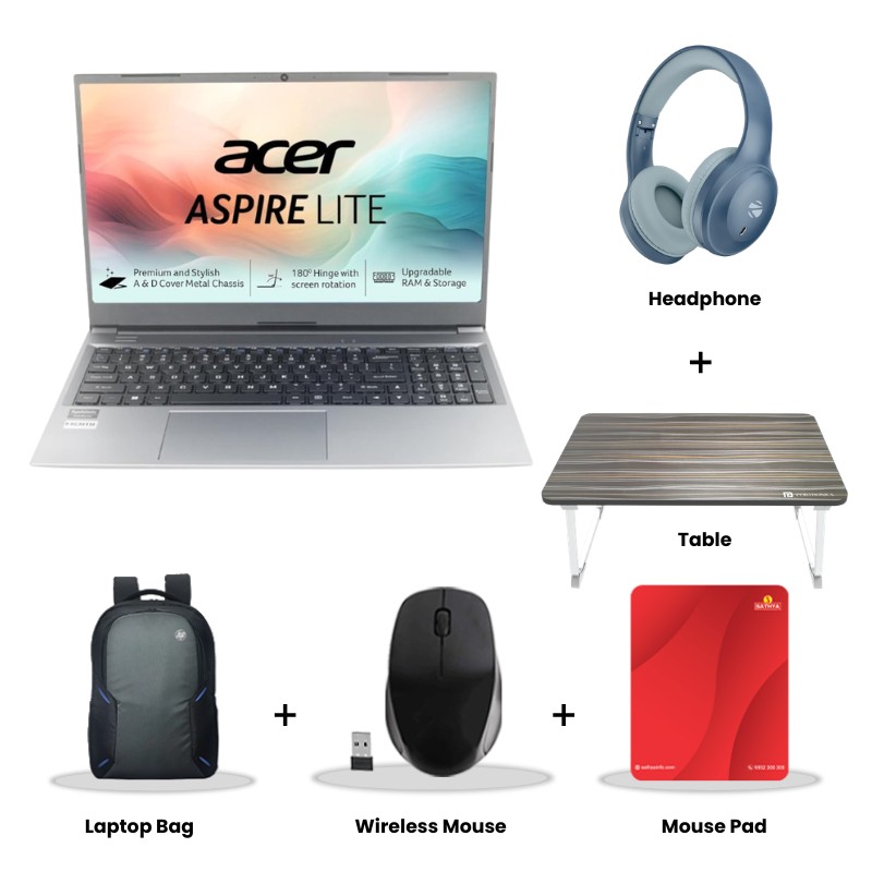 Acer Aspire Lite - AMD Ryzen 5-7430U 15.6" (39.62 cm) AL15-41 Thin & Light Laptop (8GB/ 512GB SSD/ Full HD Display/ AMD Radeon Graphics/ Windows 11 Home/ MS Office/ 1Year Warranty/Steel Gray/ 1.59 Kg) Zebronics Paradise Neo R Headset + Wireless Mouse + Mouse Pad + Laptop Table