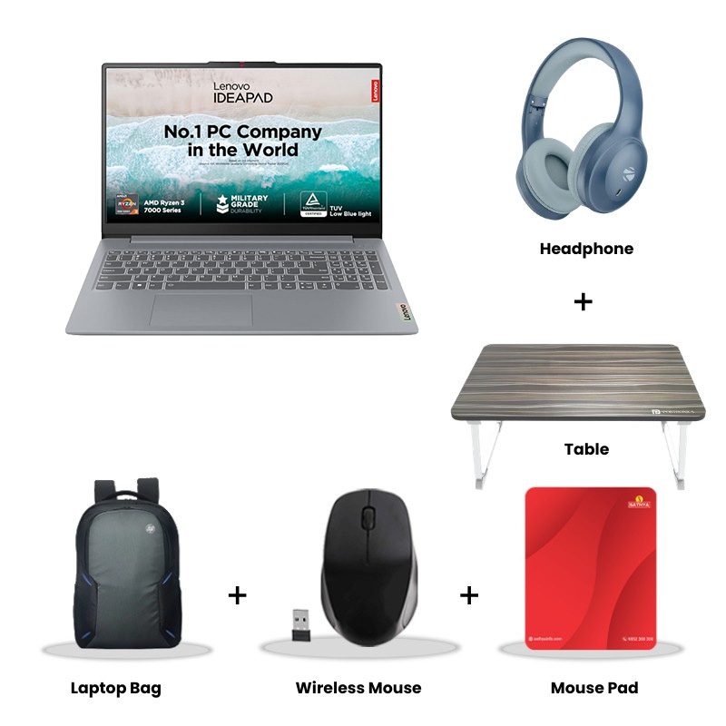 Lenovo IdeaPad Slim 3 - AMD Ryzen 3 7320U 15.6" (39.62 cm) 82XQ00MDIN Thin & Light Laptop (8GB / 512GB SSD/ Full HD Display/ Camera Privacy Shutter/AMD Radeon 610M Graphics/ Anti-glare/ Windows 11 Home/ MS Office 2024/ 1Year Warranty/ Arctic Grey/ 1.62 kg) Zebronics Paradise Neo R Headset + Wireless Mouse + Mouse Pad + Laptop Table