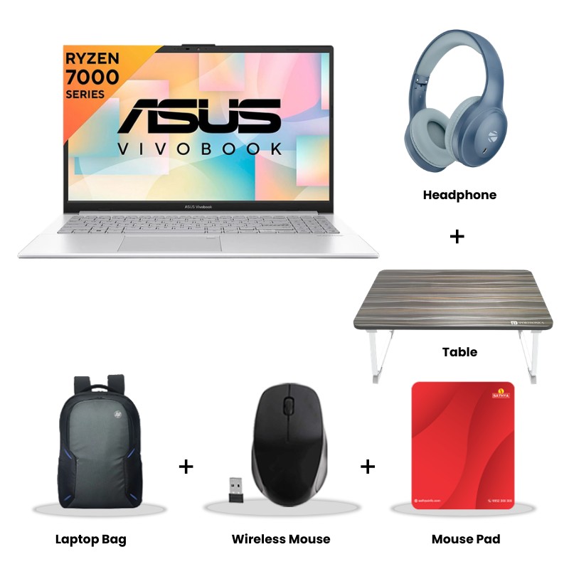 Asus Vivobook Go 15 - AMD Ryzen 3 7320U 15.6" (39.62cm) E1504FA-BQ2321WS (8GB/ 512GB SSD/ Full HD Display/ AMD Radeon Graphics/ Windows 11 Home/ Office Home 2024/ 1Year Warranty/ Cool Silver/ 1.63kg) Zebronics Paradise Neo R Headset + Wireless Mouse + Mouse Pad + Laptop Table