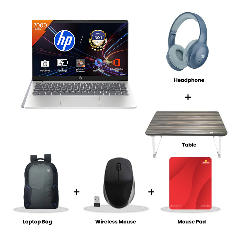 HP - AMD Ryzen 3-7320U 15.6" (39.6 cm) Thin & Light Laptop (8GB/ 512GB SSD/ Full HD Display/ AMD Radeon Graphics/ Anti-Glare/ Camera Privacy Shutter/ 3-cell, 41 Wh Li-ion polymer/ Windows 11 Home/ M365 Basic(1yr)* Office 2024/ 1Year Warranty/ Natural silver/ 1.59 kg) Zebronics Paradise Neo R Headset + Wireless Mouse + Mouse Pad + Laptop Table