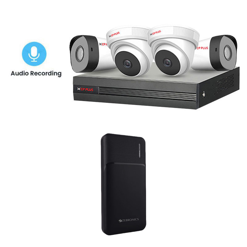 CP PLUS 4 CCTV Cameras Combo (2 Indoor & 2 Outdoor CCTV Cameras with mic) + DVR + HDD + Accessories + Power Supply + 90m Cable +  Power Bank