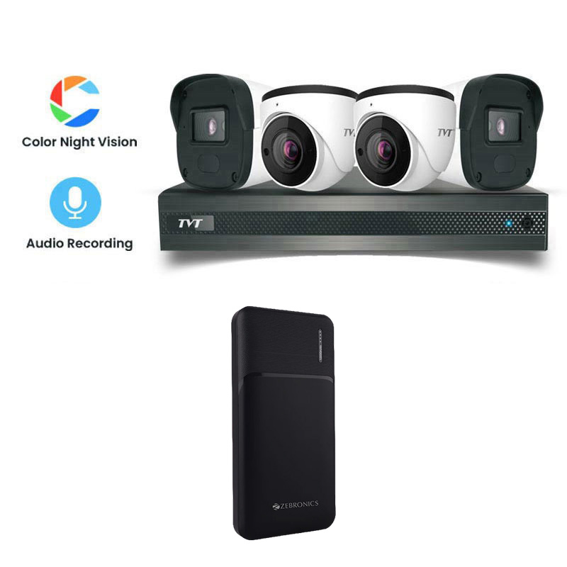 TVT 4 CCTV Cameras Combo (2 Indoor & 2 Outdoor CCTV Cameras) (Colour View With Mic) 👨🏻‍🔧 With CCTV Installation + 4CH DVR + HDD + Accessories + Power Supply + 90m Cable + Power Bank