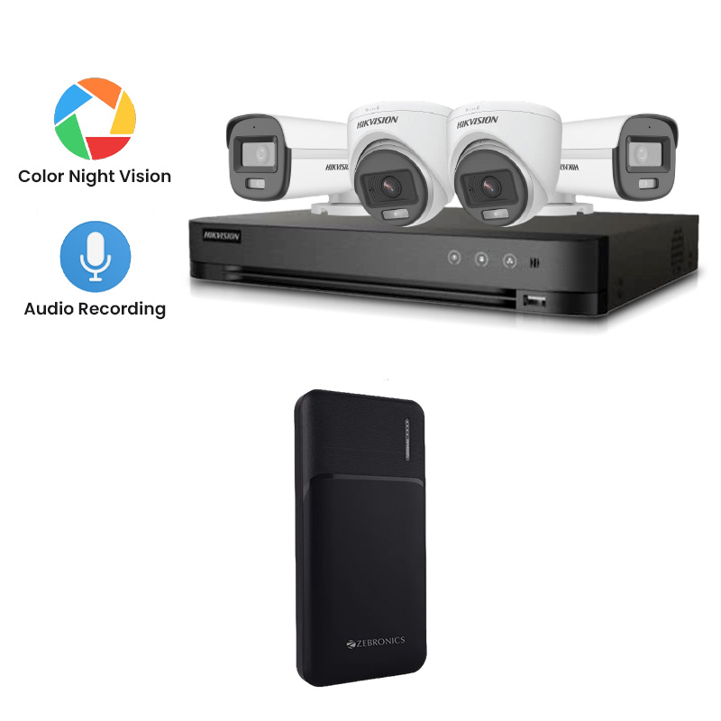 Hikvision 4 CCTV Cameras Combo (2 Indoor & 2 Outdoor CCTV Cameras) (Colour's View with mic) 👨🏻‍🔧With CCTV Installation + 4CH DVR + HDD + Accessories + Power Supply + 90m Cable +  Power Bank