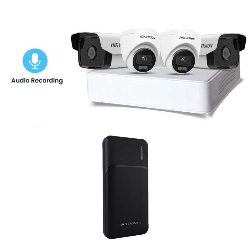 Hikvision 4 CCTV Cameras Combo (2 Indoor & 2 Outdoor CCTV Cameras) + 4CH DVR + HDD + Accessories + Power Supply + 90m Cable + Power Bank