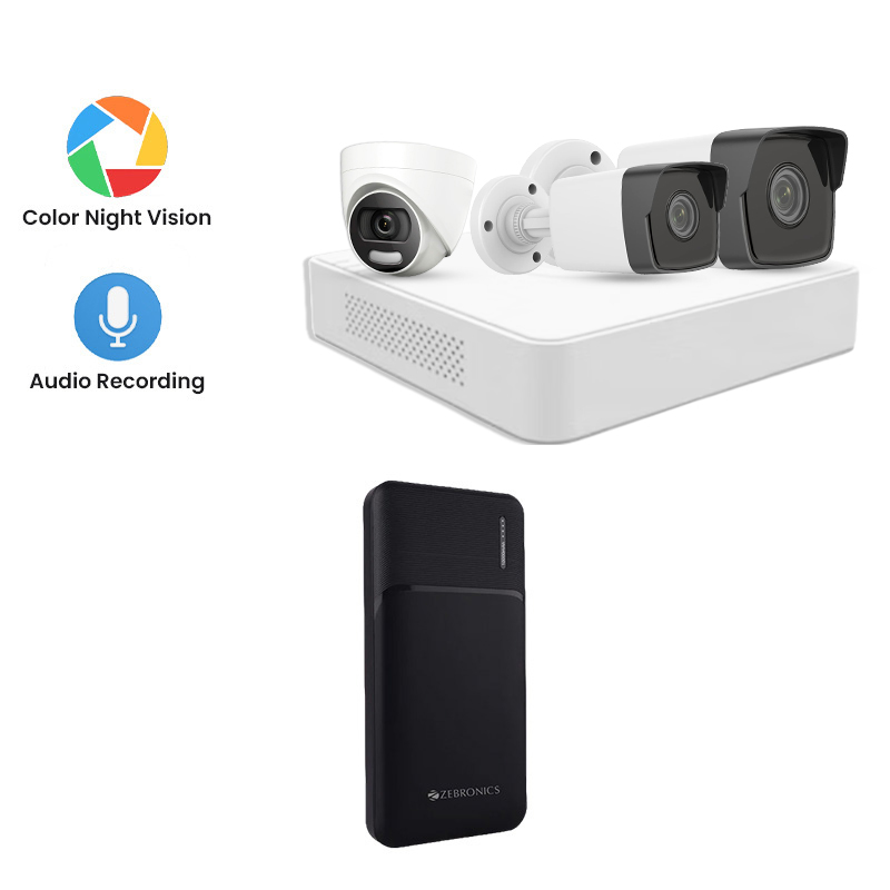 Hikvision 3 CCTV Cameras Combo (1 Indoor & 2 Outdoor CCTV Cameras) (Colour's View with mic) 👨🏻‍🔧With CCTV Installation + 4CH DVR + HDD + Accessories + Power Supply + 60m Cable +  Power Bank