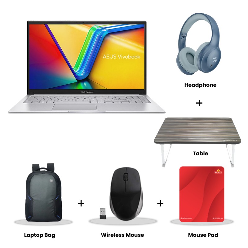 Asus Vivobook 15 - Intel Core i3-1315U 15.6" (39.62cm) X1504VA-BQ321WS Thin & Light Laptop (8GB/ 512GB SSD/ Full HD Display/ Intel UHD Graphics/ Windows 11 Home/  Office Home 2024/ 1 Year Warranty/ Cool Silver/ 1.70 kg)  Zebronics Paradise Neo R Headset + Wireless Mouse + Mouse Pad + Laptop Table