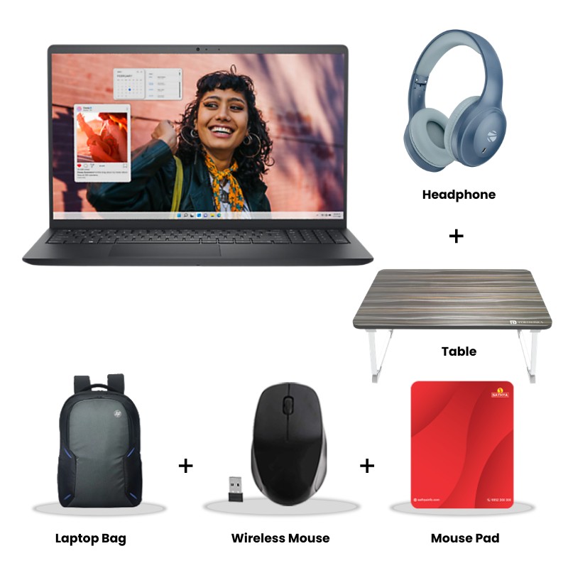 Dell Inspiron 3530 - 13th Gen Core i3-1305U 15.6" (39.62cm) Thin & Light Laptop (8GB/ 512GB SSD/ Full HD Display/ Windows 11 Home/ MS Office 2024/ Intel UHD Graphics/ 1 Year Warranty/ Carbon Black/ 1.62 kg)  Zebronics Paradise Neo R Headset + Wireless Mouse + Mouse Pad + Laptop Table