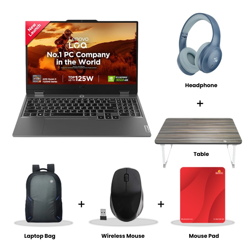 Lenovo LOQ -  AMD Ryzen 5 7235HS 15.6" (39.6cm) 83JC00HNIN Gaming Laptop (12GB/ 512GB SSD/ Full HD Display/ NVIDIA GeForce RTX 3050A 4GB GDDR6/ Anti-Glare/ Windows 11 Home/ Office Home 2024/ Backlit Keyboard/ E-Shutter/1Year Warranty/ Luna Grey/ 2.38Kg)  Zebronics Paradise Neo R Headset + Wireless Mouse + Mouse Pad + Laptop Table