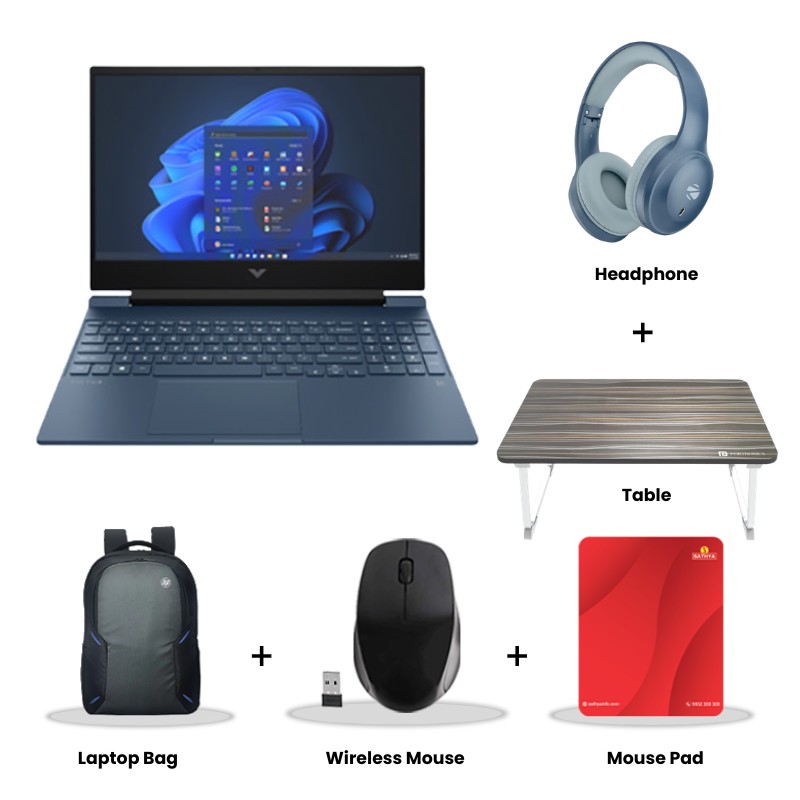 HP Victus - 13th Gen Intel Core i5-13420H  15.6" (39.6 cm)  15-FA2047TX Gaming Laptop (16 GB DDR4/ 1TB SSD/ Full HD IPS Display/ NVIDIA GeForce RTX 3050A 4GB GDDR6/ Backlit Keyboard/ Anti-glare/ Windows 11 Home/  Office Home 2024/ 1 Year Warranty/ Mica Silver/ 2.29 kg) Zebronics Paradise Neo R Headset + Wireless Mouse + Mouse Pad + Laptop Table
