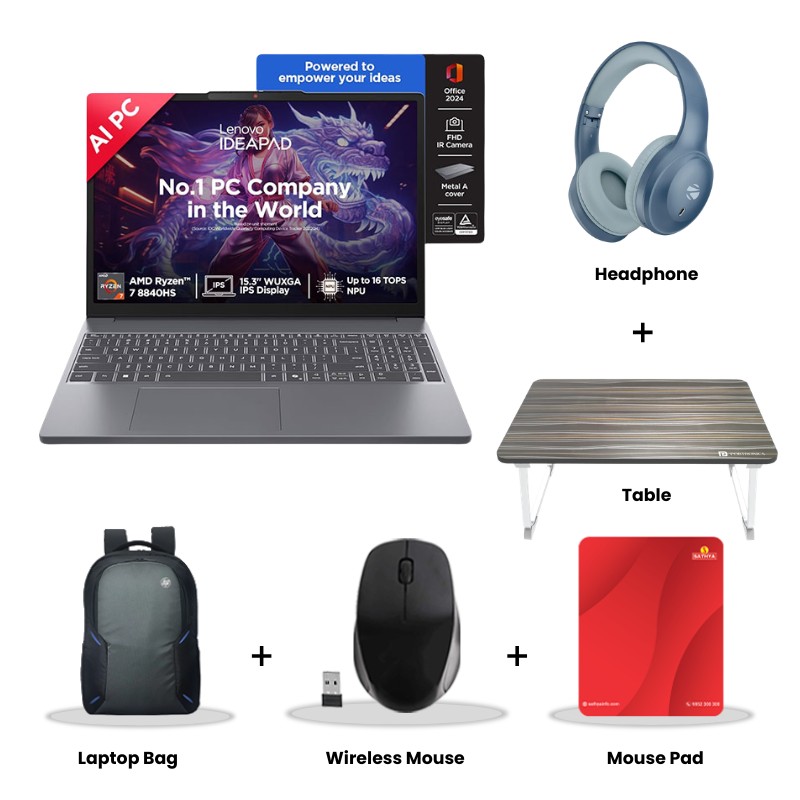 Lenovo IdeaPad Slim 3 - AMD Ryzen 7 8840HS 15.3" (38.8cm)  83KA0048IN Thin & Light Laptop (16GB / 512GB SSD/ 	Integrated AMD Radeon 780M Graphics/ Anti-glare/  Windows 11 Home/ MS Office 2024/ 1Year Warranty/ Luna Grey/ 1.59 kg) Zebronics Paradise Neo R Headset + Wireless Mouse + Mouse Pad + Laptop Table