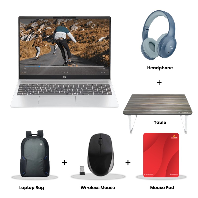 HP OmniBook 5 - 13th Gen Intel Core i5-1334U 16" (40.5 cm) 16-ba1789TU Thin & Light Laptop  (16GB LPDDR5/ 512GB SSD/ Touch Screen/ Anti Glare/ Intel Iris Xᵉ Graphics/ Backlit Keyboard/ Camera Privacy Shutter/ Windows 11 Home/Office Home 2024/ 1 Year Warranty/ Glacier Silver/ 1.77 kg) Zebronics Paradise Neo R Headset + Wireless Mouse + Mouse Pad + Laptop Table