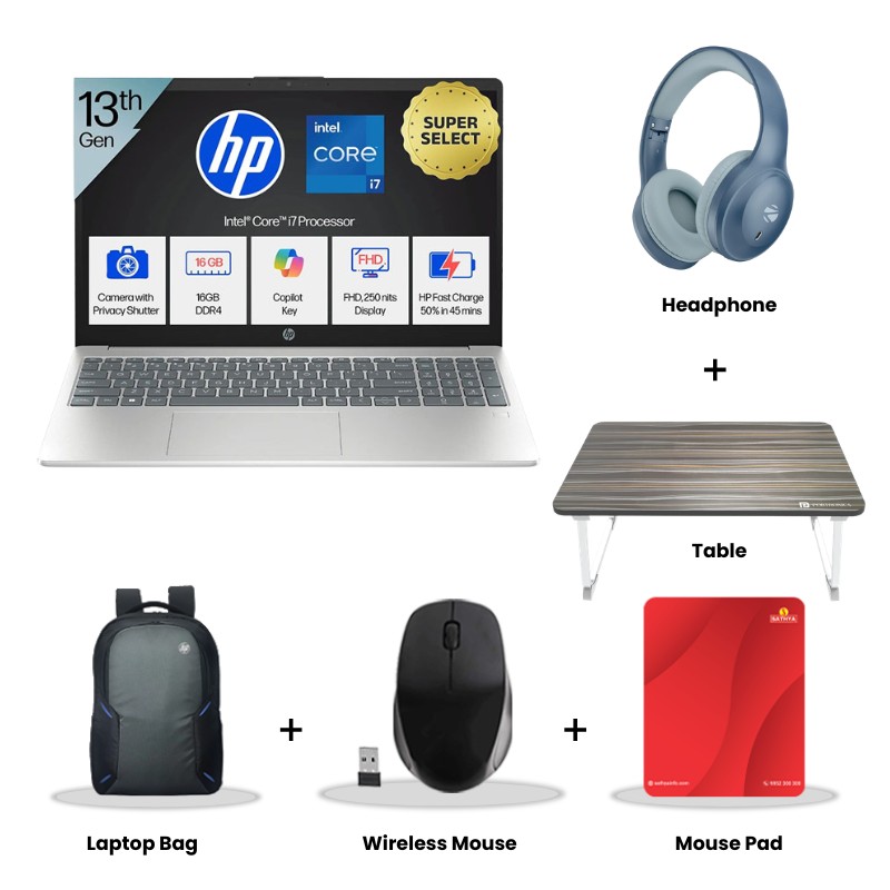 HP - 13th Gen Intel Core i7-13620H 15.6" (39.6 cm) 15-fr0046TU Thin & Light Laptop (16GB DDR4/ 512GB SSD/ Full HD Display/ Intel UHD Graphics/ Anti-Glare/ Camera Privacy Shutter/ Backlit Keyboard/ Mic Mute key/ Windows 11 Home/ MS Office/ 1Year Warranty/ Natural Silver/ 1.65 kg) Zebronics Paradise Neo R Headset + Wireless Mouse + Mouse Pad + Laptop Table