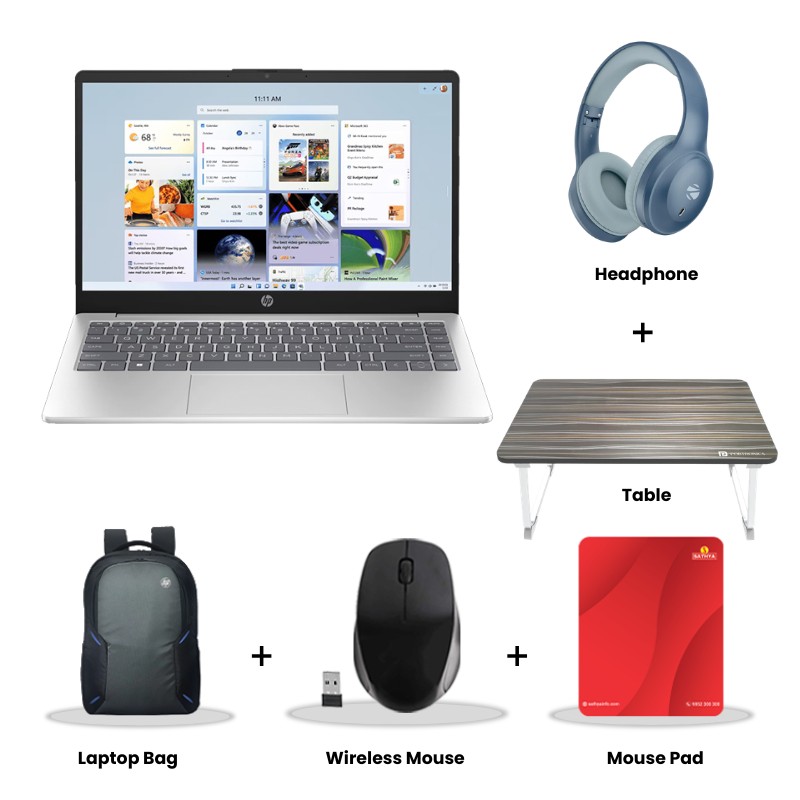 HP - Intel Core Ultra 5 125H 15.6" (39.63 cm) 15-FD1353TU Thin & Light Laptop (16GB DDR5/ 512GB SSD/ Full HD Display/ Intel Arc Graphics/ Backlit Keyboard/  Camera Privacy Shutter/ Mic mute key/  3-cell, 41 Wh Li-ion polymer/ Windows 11 Home/ 1Year Warranty/ Natural silver/ 1.65 Kg) Zebronics Paradise Neo R Headset + Wireless Mouse + Mouse Pad + Laptop Table