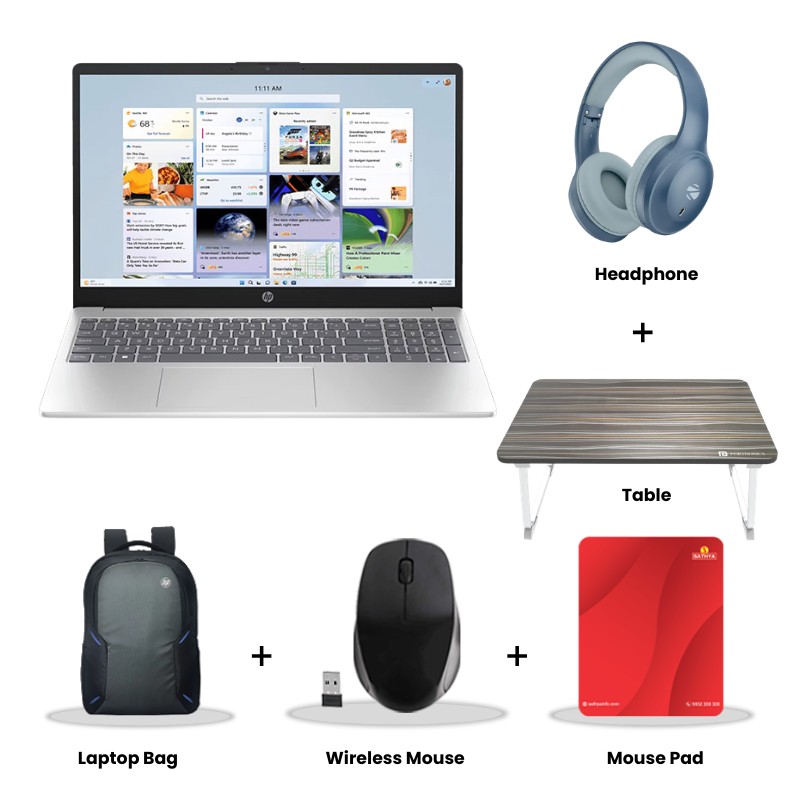 HP - Intel Core Ultra 5 125H 14" (35.6 cm) 14-ep1150TU Thin & Light Laptop (16GB/ 512GB SSD/ Full HD Display/ Intel Arc Graphics/ Backlit Keyboard/  Camera Privacy Shutter/ Mic mute key/ 65 W ACpoweradapter/ 3-cell, 41 Wh Li-ion polymer/ Windows 11 Home/ 1Year Warranty/ Natural silver/ 1.4 Kg) Zebronics Paradise Neo R Headset + Wireless Mouse + Mouse Pad + Laptop Table