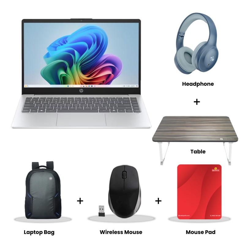 HP OmniBook 3 NGAI - AMD Ryzen AI 5 340 15.6" (39.6cm) Thin & Light Laptop (16GB DDR5/ 512GB SSD/ Full HD Display/ AMD Radeon 840M Graphics/ Micro-edge/Mic mute key/ Camera Privacy Shutter/ Windows 11 Home/ MS Office 2024/ 1Year Warranty/ Glacier silver/ 1.7 kg) Zebronics Paradise Neo R Headset + Wireless Mouse + Mouse Pad + Laptop Table