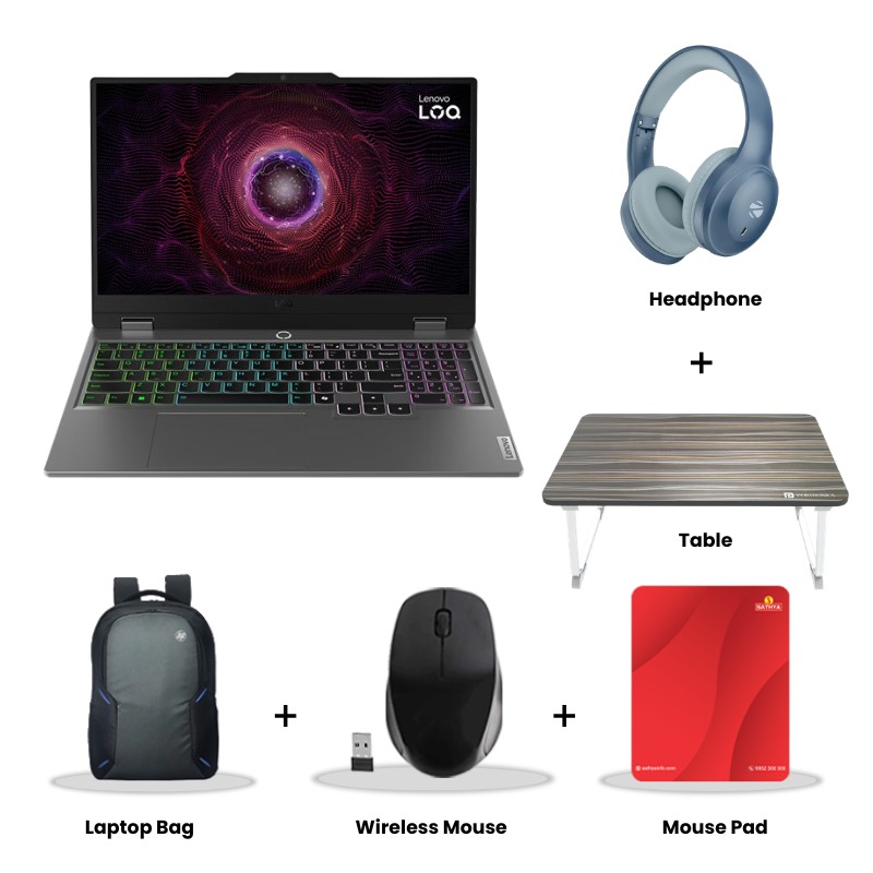 Lenovo LOQ 2024 - AMD Ryzen 5 7235HS 15.6" (39.6 cm) 83JC00EFIN Gaming Laptop (24GB RAM/ 512GB SSD/ Full HD Display/ NVIDIA GeForce RTX 3050 6GB/ White Backlit/ Anti-Glare/ Ethernet Port/ Windows 11 Home/ MS Office 2024/ 1 Year Warranty / Luna Grey/ 2.38 kg) Zebronics Paradise Neo R Headset + Wireless Mouse + Mouse Pad + Laptop Table