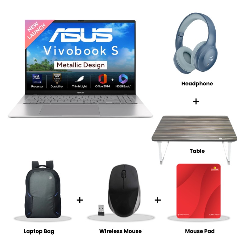 Asus Vivobook S16 - Intel Core Ultra 5 225H 16" (40.64 cm) S3607CA-RP065WS AI Powered Thin and Light Laptop (16GB/ 512GB SSD/ WUXGA 144Hz Display/ Intel Graphics/ Windows 11 Home/ Office Home 2024/ 1Year Warranty/ Cool Silver/ 1.70kg) Zebronics Paradise Neo R Headset + Wireless Mouse + Mouse Pad + Laptop Table