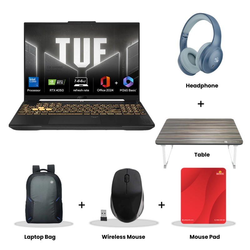 Asus TUF Gaming F16 - Intel Core 5 210H, RTX 4050 GPU 16" (40.64 cms) FX677VU-RL055WS Gaming Laptop (16GB/512GB/ FHD/Windows 11 Home/M365 Basic(1Year)*/Office-24/Mecha Gray/2.20 Kg) Zebronics Paradise Neo R Headset + Wireless Mouse + Mouse Pad + Laptop Table