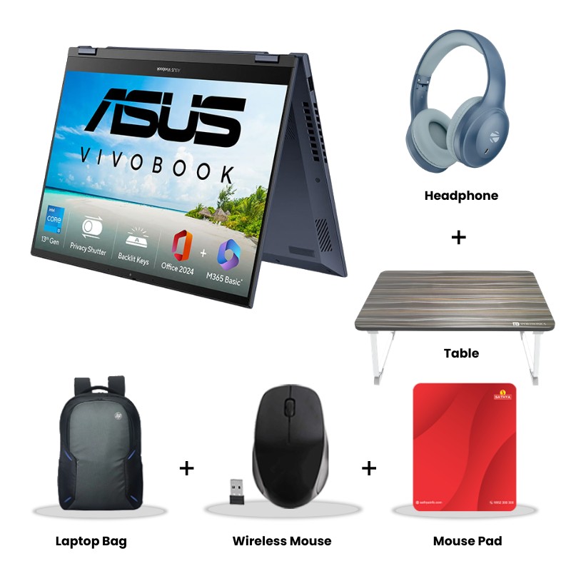 Asus Vivobook 14 Flip - 13th Gen  Intel Core i5-13420H 14" (35.56 cm) TP3402VAO-LZ619WS 2-in-1 Laptop (16GB/ 512GB SSD/ Touch screen WUXGA/  Intel UHD Graphics/ Windows 11 Home/ Office Home 2024/ Quiet Blue/ 1.50 kg) Zebronics Paradise Neo R Headset + Wireless Mouse + Mouse Pad + Laptop Table